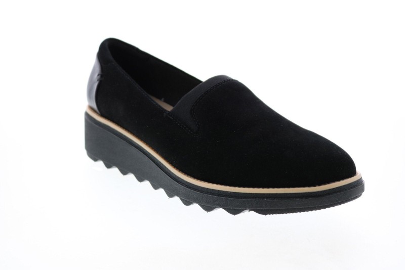 Clarks Sharon Dolly 26136359 Womens Black Suede Slip On Loafer Flats Shoes