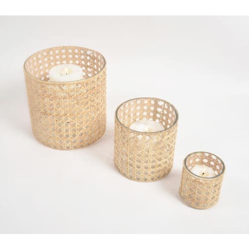 Earthy Glass & Cane Candle Holders (set Of 3)