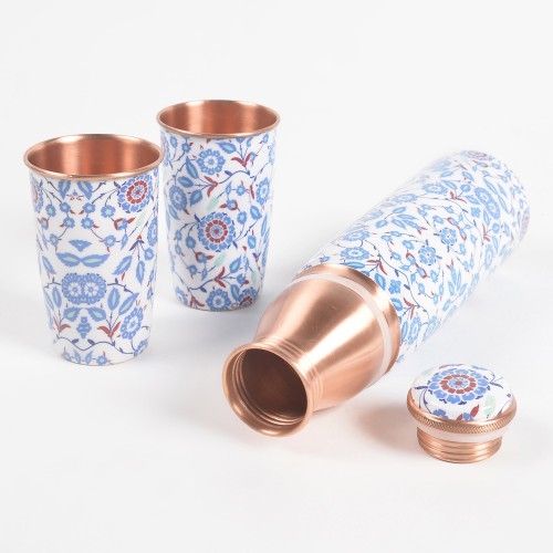 Enamelled Blue Peony Copper Bottle & 2 Glasses Set
