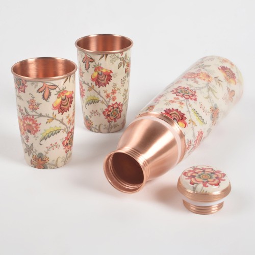 Enamelled Floral Sunset Copper Bottle & 2 Glasses Set