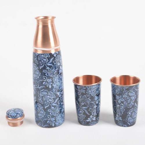 Enamelled Ink Ivy Copper Bottle & 2 Glasses Set