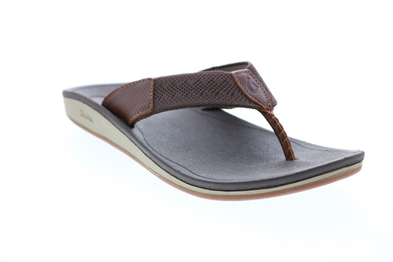Olukai Nohona Ulana 10349-6363 Mens Brown Canvas Slip On Flip-flops Sandals Shoes