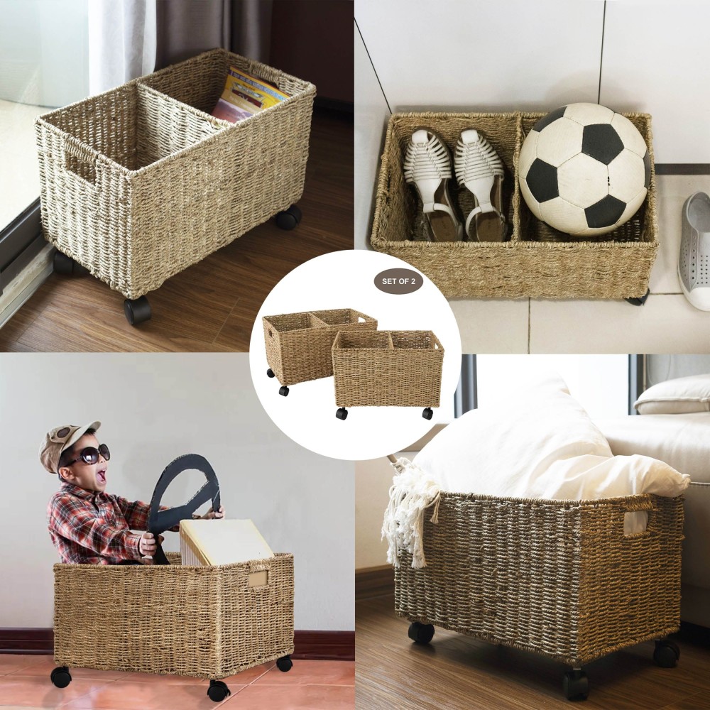 Woven Storage Baskets On Wheels (set 2) | Under Counter & Under Desk Storage - Toy Organizer By Made Terra (5)